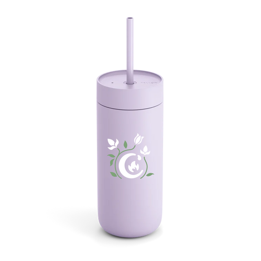 A light purple travel mug with a straw lid. The mug has a design with a white Commonplace Coffee logo and green and white flowers.