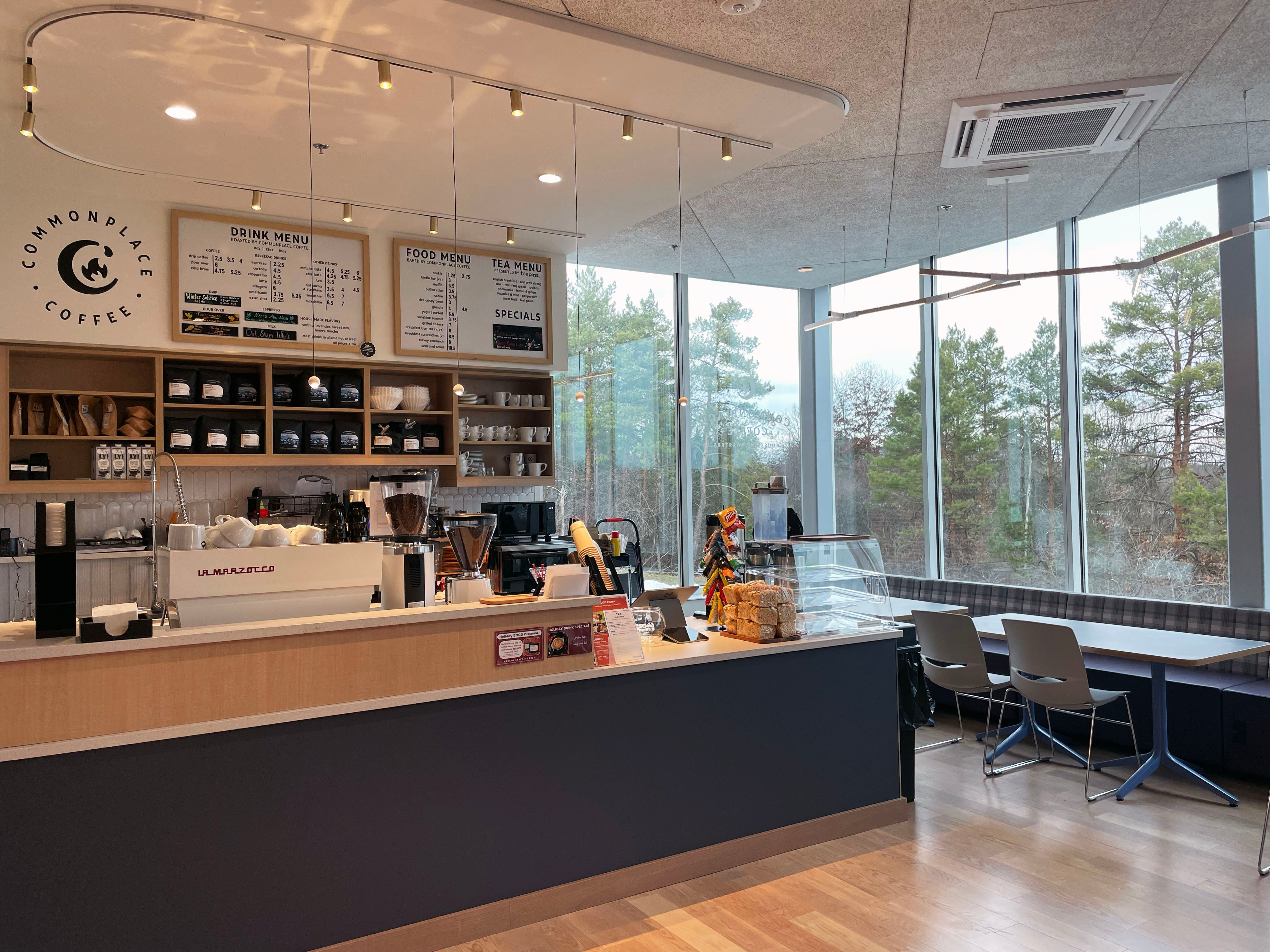 Image shows the interior of Commonplace Coffee's new cafe location at Northland Public Library.