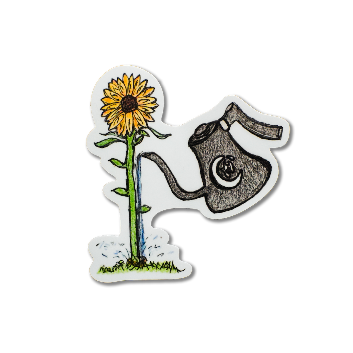 A sticker featuring a coffee pour over kettle watering a sunflower.
