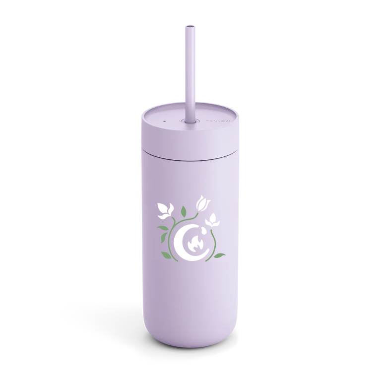 A light purple travel mug with a straw lid. The mug has a design with a white Commonplace Coffee logo and green and white flowers. 
