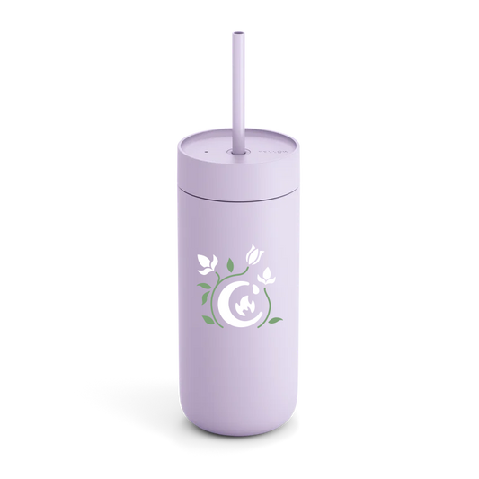 A light purple travel mug with a straw lid. The mug has a design with a white Commonplace Coffee logo and green and white flowers. 