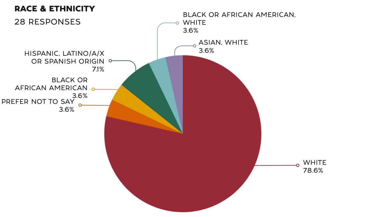 Based on 28 staff responses.
White: 78.6%
Asian, White: 3.6%
Black or African American, White: 3.6%
Hispanic, Latino/a/x or Spanish Origin: 7.1%
Black or African American: 3.6%
Prefer Not to Say: 3.6%