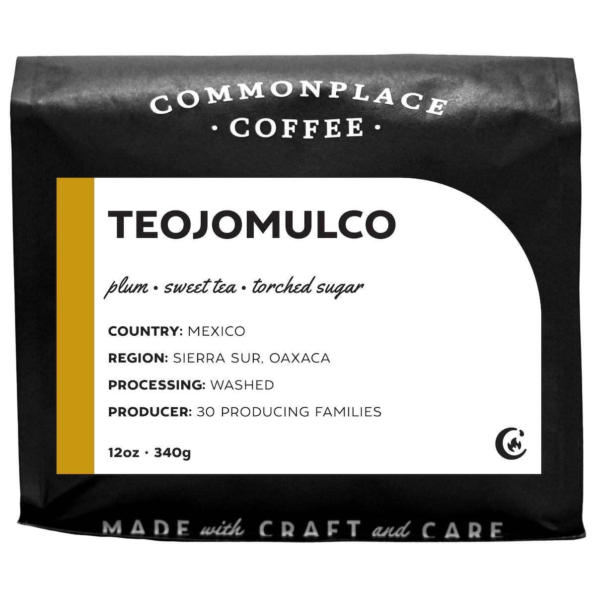 A 12oz matte black bag of Teojomulco coffee from Commonplace Coffee. 
